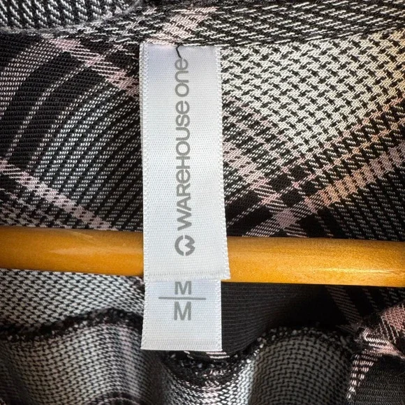 Warehouse One Sleeveless Plaid Button Down Hooded Shirt Black White Pink Medium - Picture 4 of 12